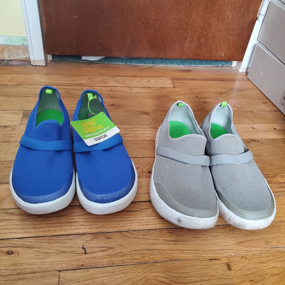 2 pairs Oofos Slip On Canvas Sneakers, one pair GUC, one BNWT